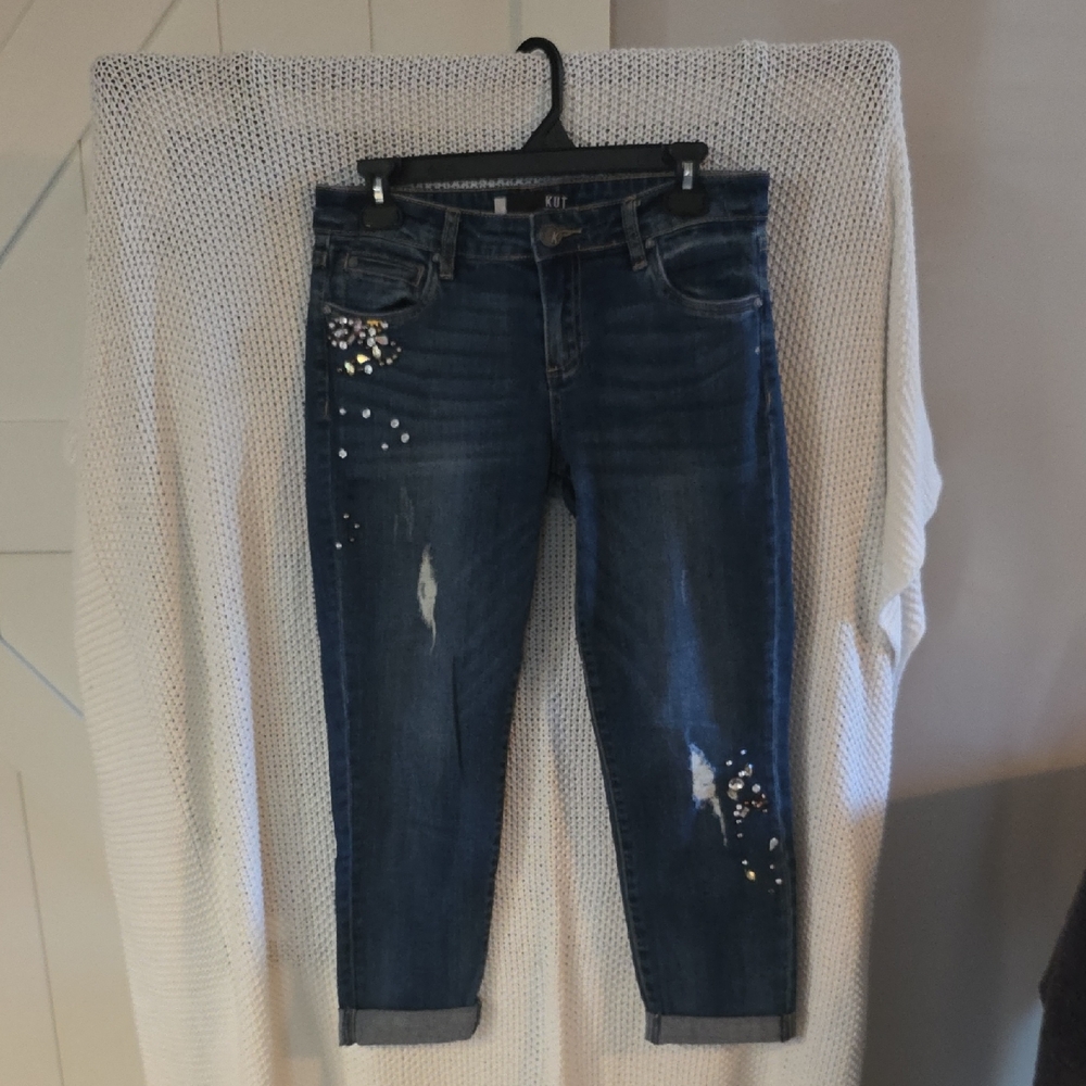 Kut from the Kloth Dark Blue Ankle Jeans with Embellishments